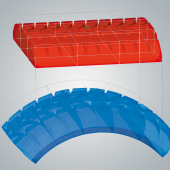 Comando Volumetric Deformation: il settore circolare del pneumatico (in blu) viene ottenuto deformando il suo modello 3d sviluppato a partire da un disegno piano (in rosso). Fonte immagini: OPEN MIND